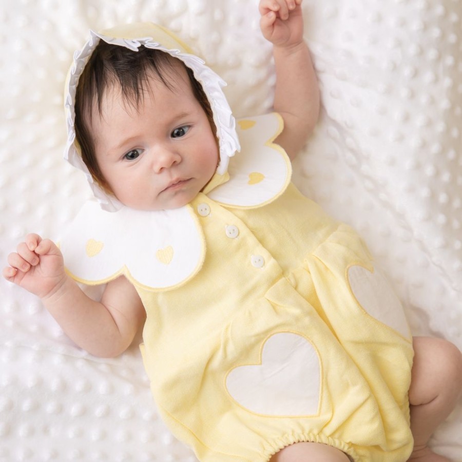 Clothing Caramelo Rompers | Lemon Linen Frill Heart Romper With Bonnet