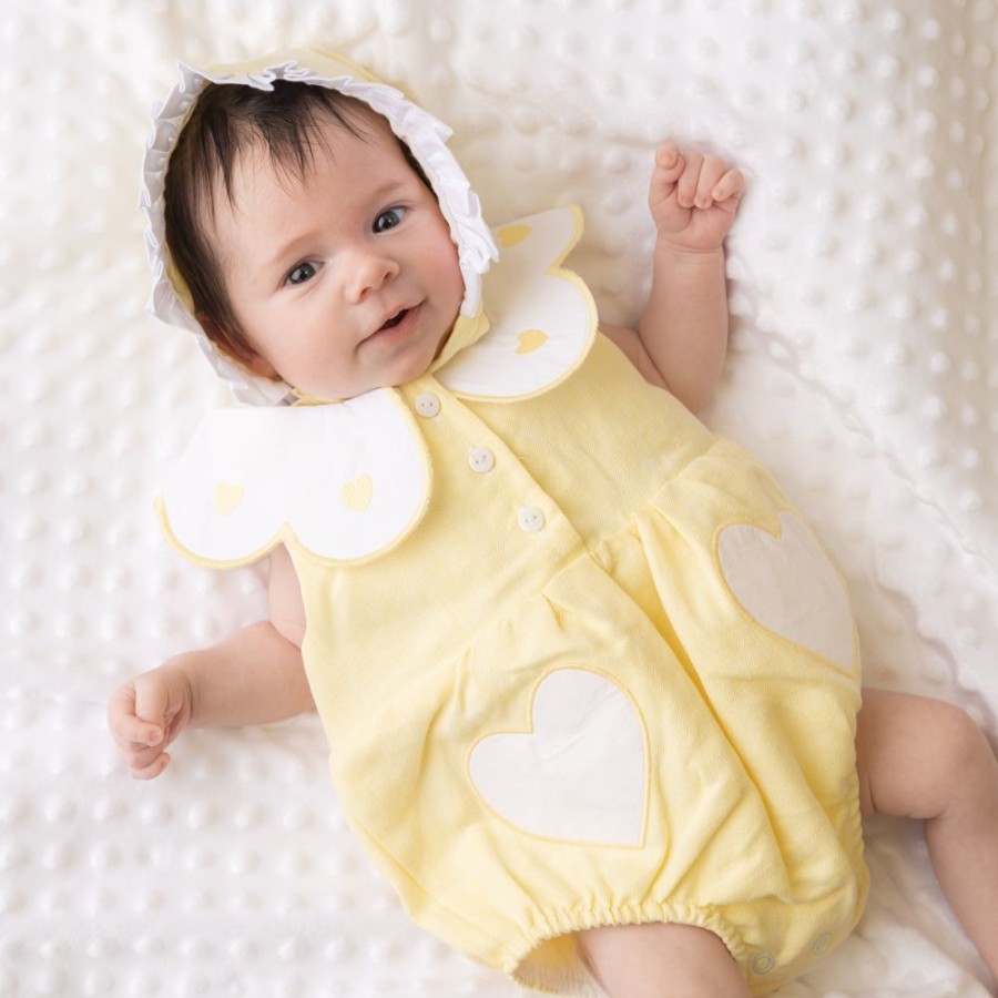 Clothing Caramelo Rompers | Lemon Linen Frill Heart Romper With Bonnet