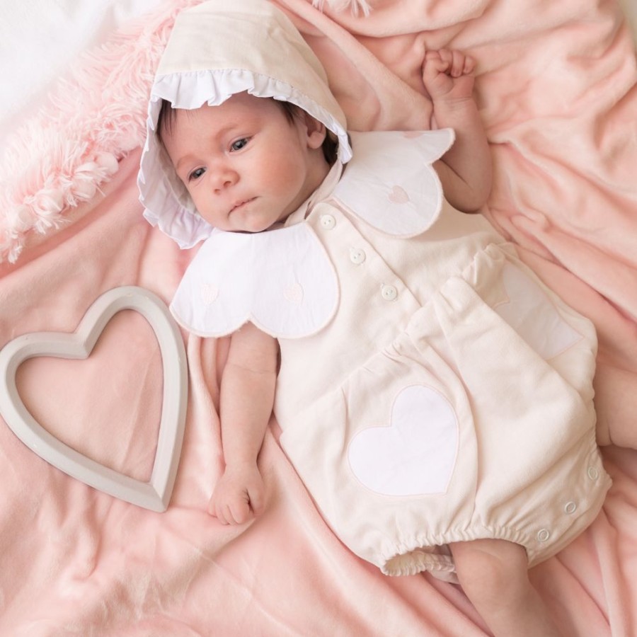 Clothing Caramelo Rompers | Pink Linen Frill Heart Romper With Bonnet