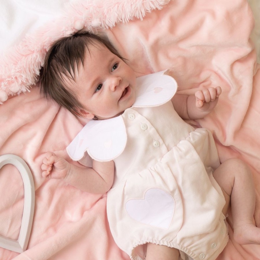 Clothing Caramelo Rompers | Pink Linen Frill Heart Romper With Bonnet