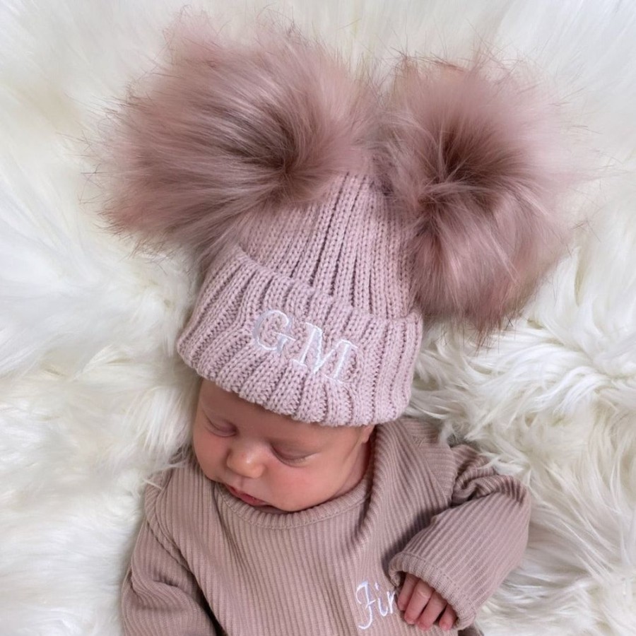 Personalised Millie & Ralph | Personalised Initial Rose Gold Double Pom Hat