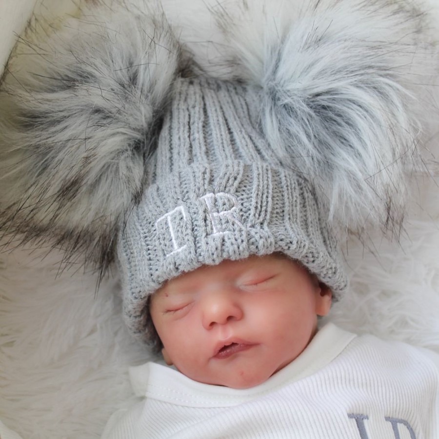 Clothing Millie & Ralph Hats | Personalised Initial Grey Double Pom Hat