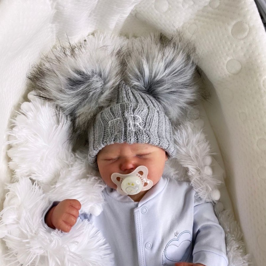 Clothing Millie & Ralph Hats | Personalised Initial Grey Double Pom Hat