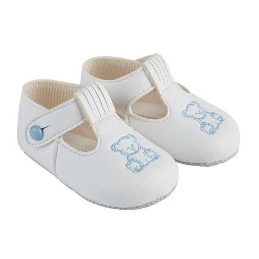 Clothing Baypods Shoes & Booties | White Soft Sole Blue Teddy Embroidered Shoe