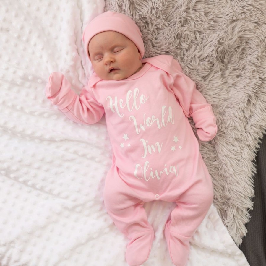 Personalised Millie & Ralph | Personalised 'Hello World I'M...' Pink Sleepsuit Set | Millie & Ralph