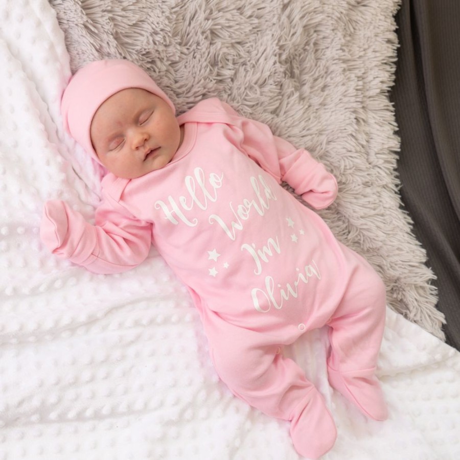 Personalised Millie & Ralph | Personalised 'Hello World I'M...' Pink Sleepsuit Set | Millie & Ralph