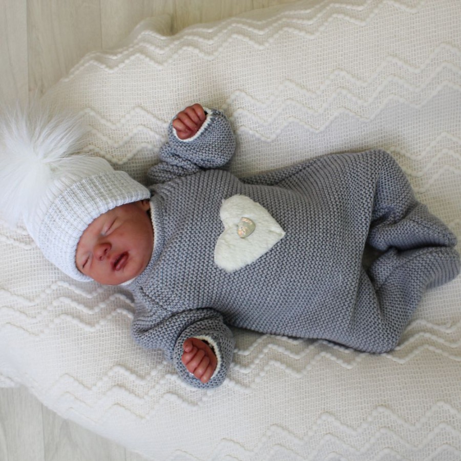 Clothing Pangasa Knitwear | Pangasa Grey Knitted Sweetheart Babygrow