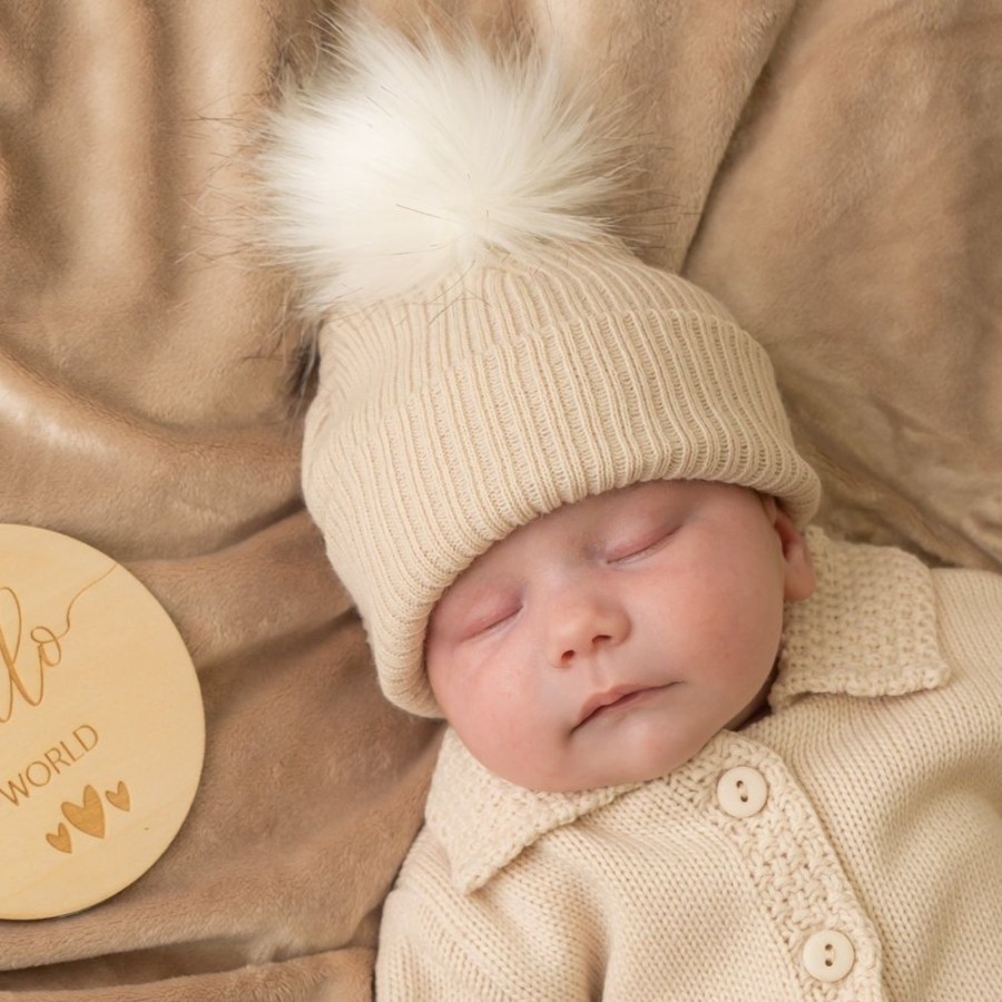 Clothing Millie & Ralph Hats | Beige Ribbed Fur Pom Hat | 0-1 Month | Millie & Ralph