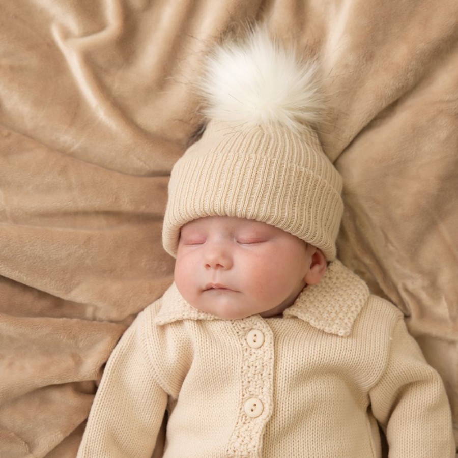 Clothing Millie & Ralph Hats | Beige Ribbed Fur Pom Hat | 0-1 Month | Millie & Ralph