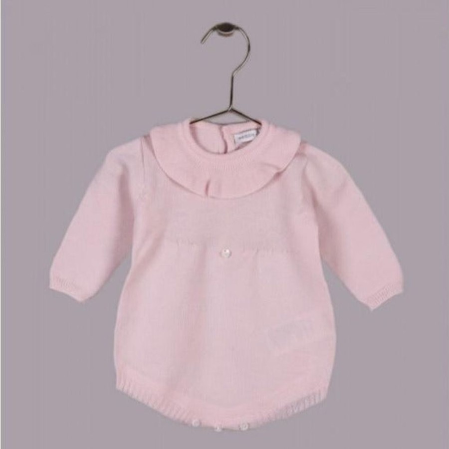 Clothing Millie & Ralph Rompers | Pink Knitted Collar Long Sleeve Romper