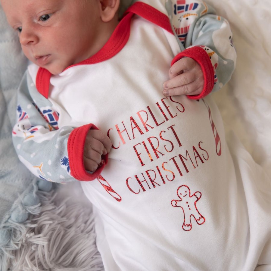 Personalised Millie & Ralph | Personalised Grey Snowman 'First Christmas' Sleepsuit