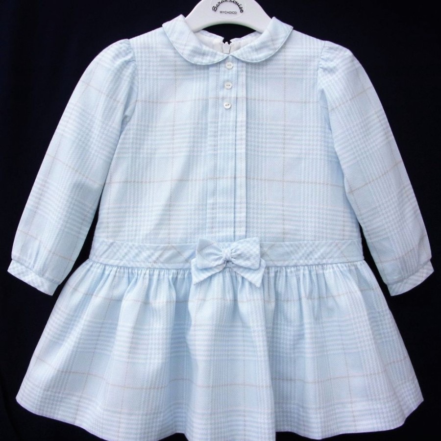 Clothing Sarah Louise Outfits | Blue Tartan Long Sleeve Bow Frill Dress