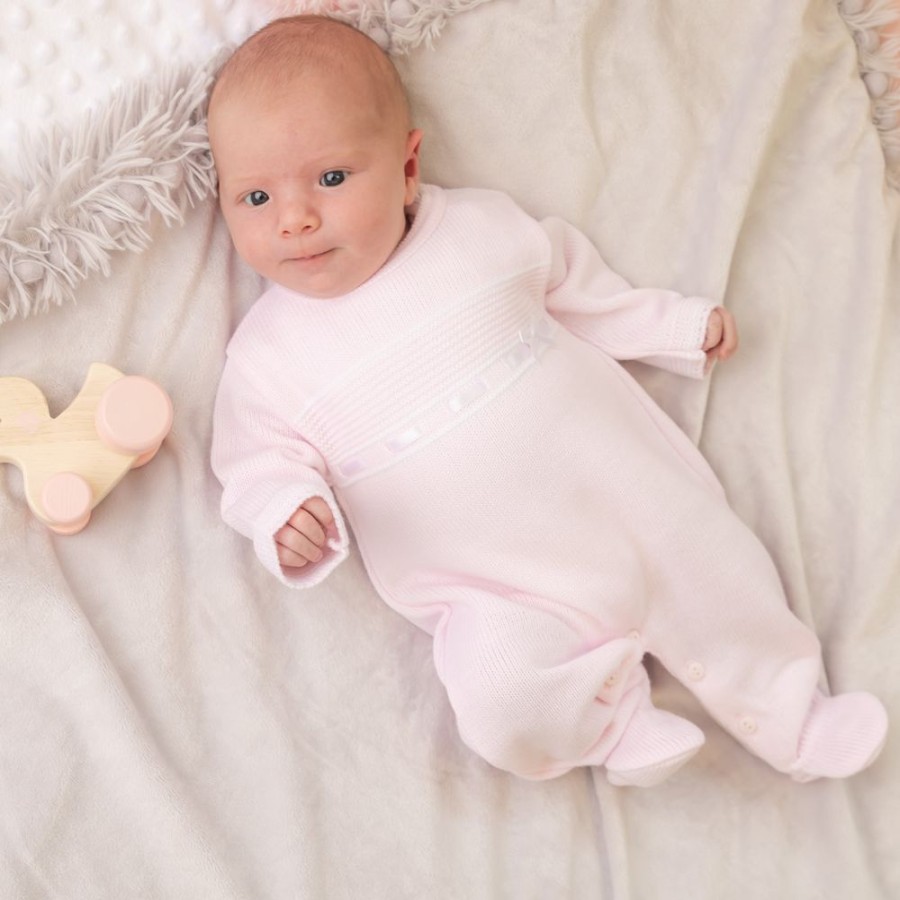 Clothing Dandelion Knitwear | Pink Knitted Onesie | Pink Lace & Bow | Millie & Ralph