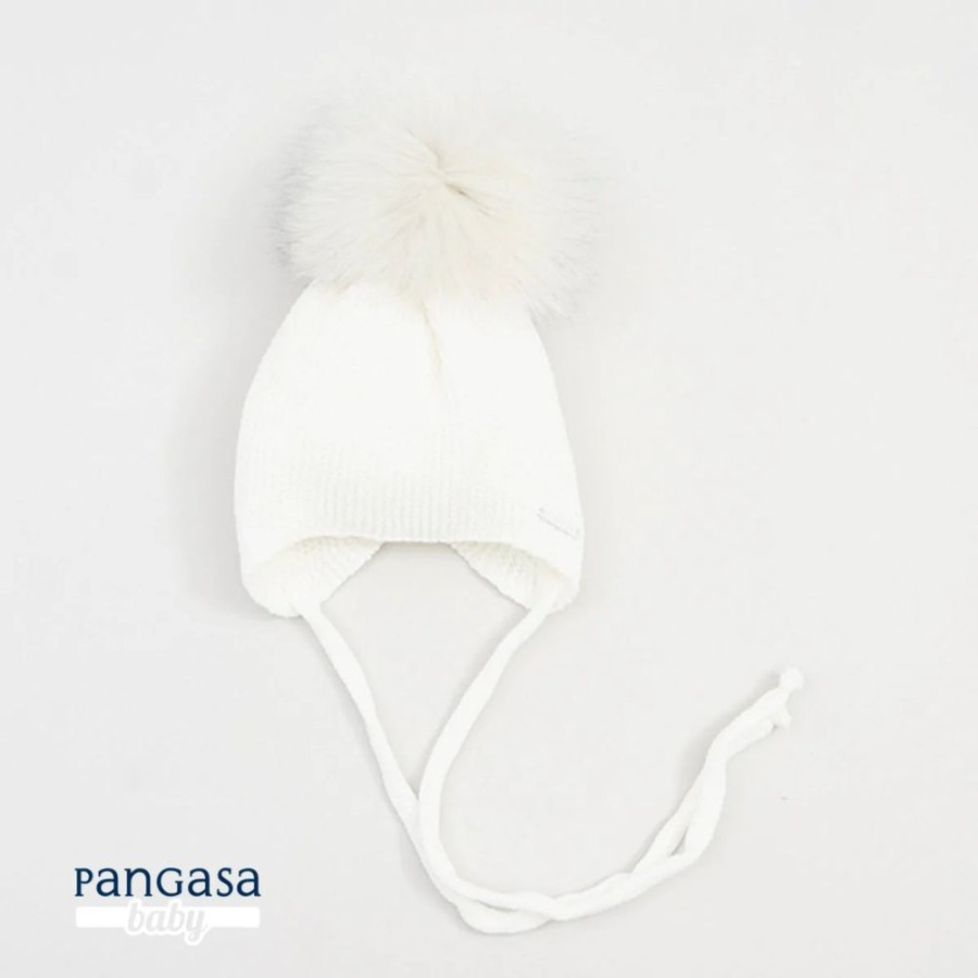 Clothing Pangasa Knitwear | Pangasa White Knitted Fur Pom Tie Hat