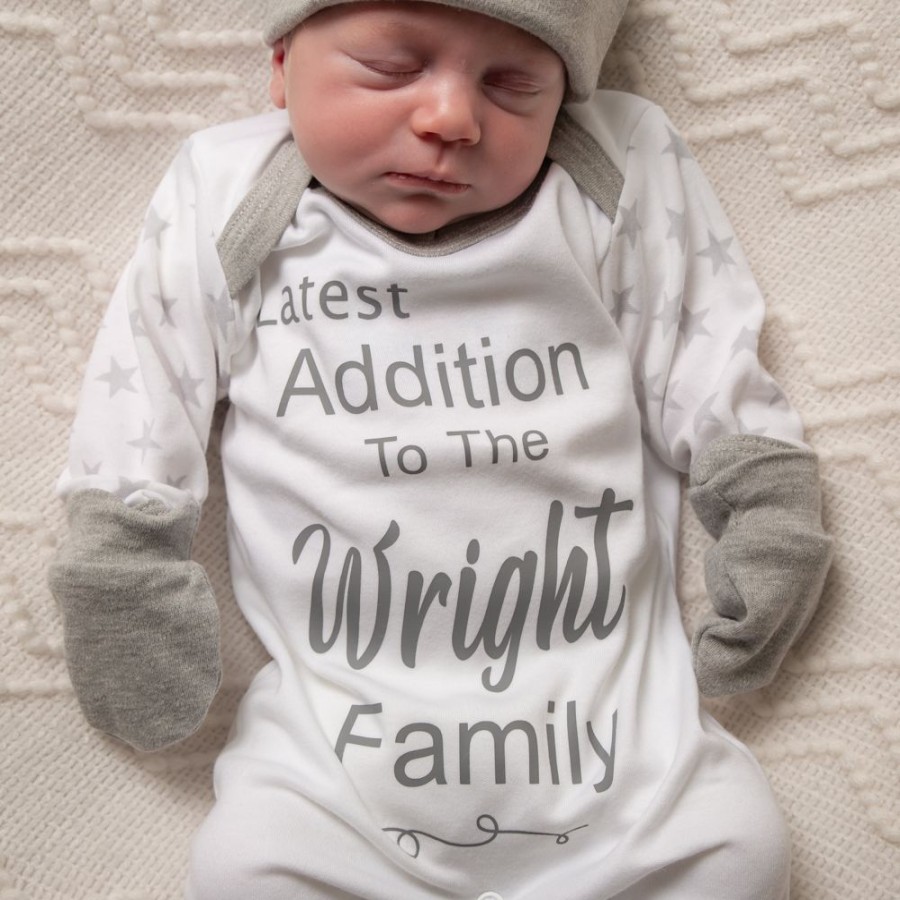 Clothing Millie & Ralph Sleepsuits | Personalised 'Latest Addition To The...Family' Grey Sleepsuit Set