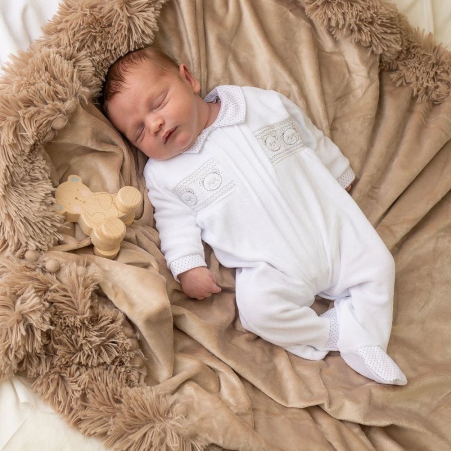 Clothing Dandelion Sleepsuits | Unisex Velour | Smocked Bear Sleepsuit | Millie & Ralph