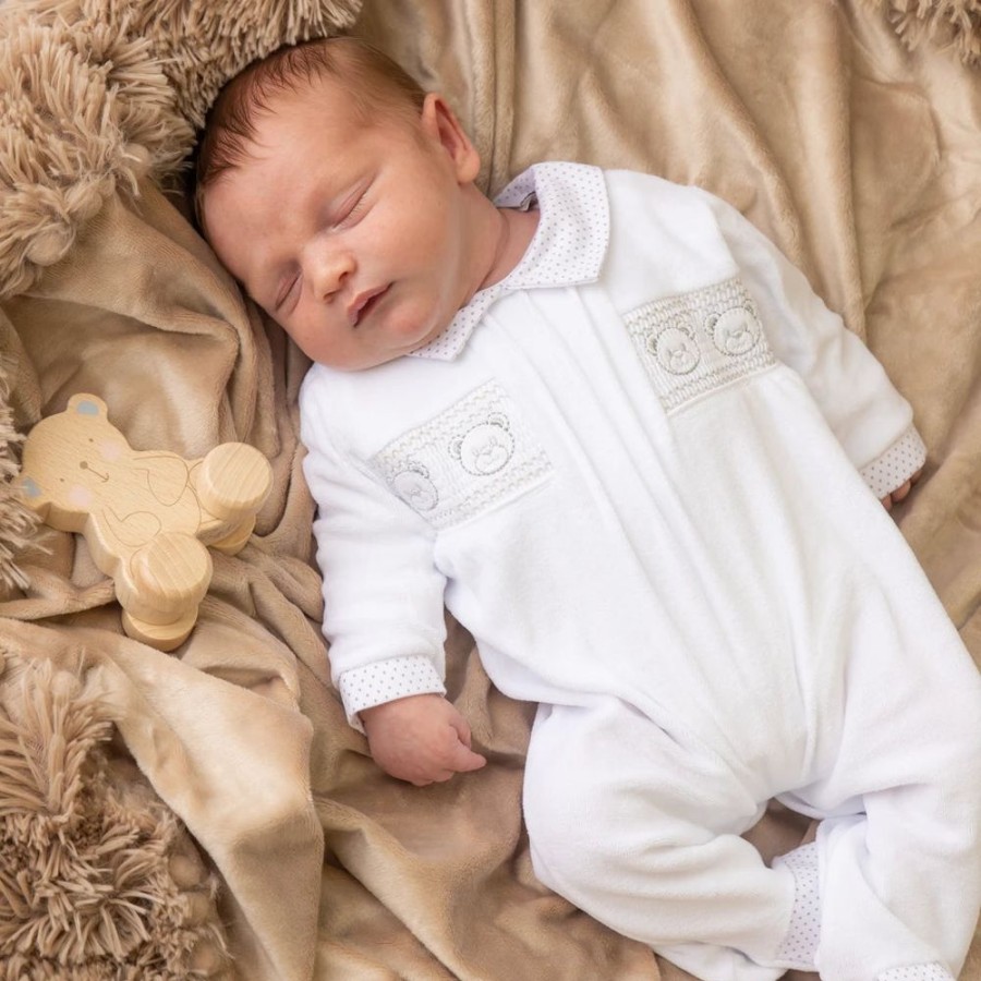 Clothing Dandelion Sleepsuits | Unisex Velour | Smocked Bear Sleepsuit | Millie & Ralph