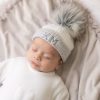 Clothing Millie & Ralph Hats | Personalised First Size Grey & White Single Fur Pom Hat