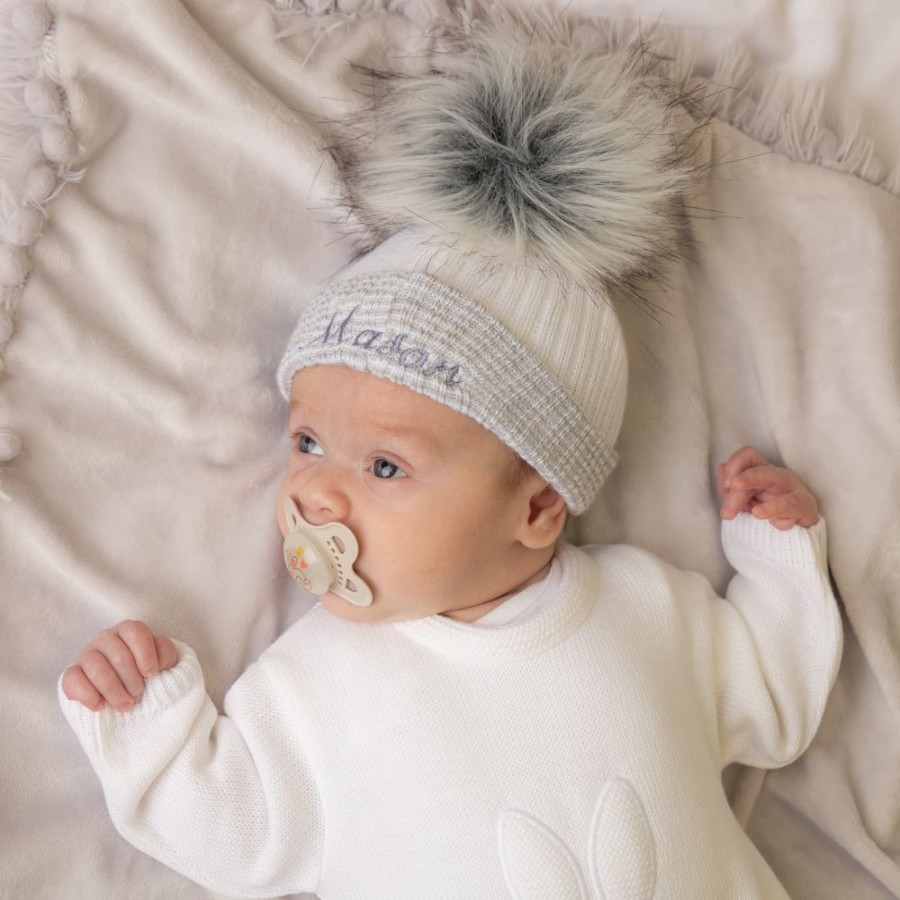 Clothing Millie & Ralph Hats | Personalised First Size Grey & White Single Fur Pom Hat