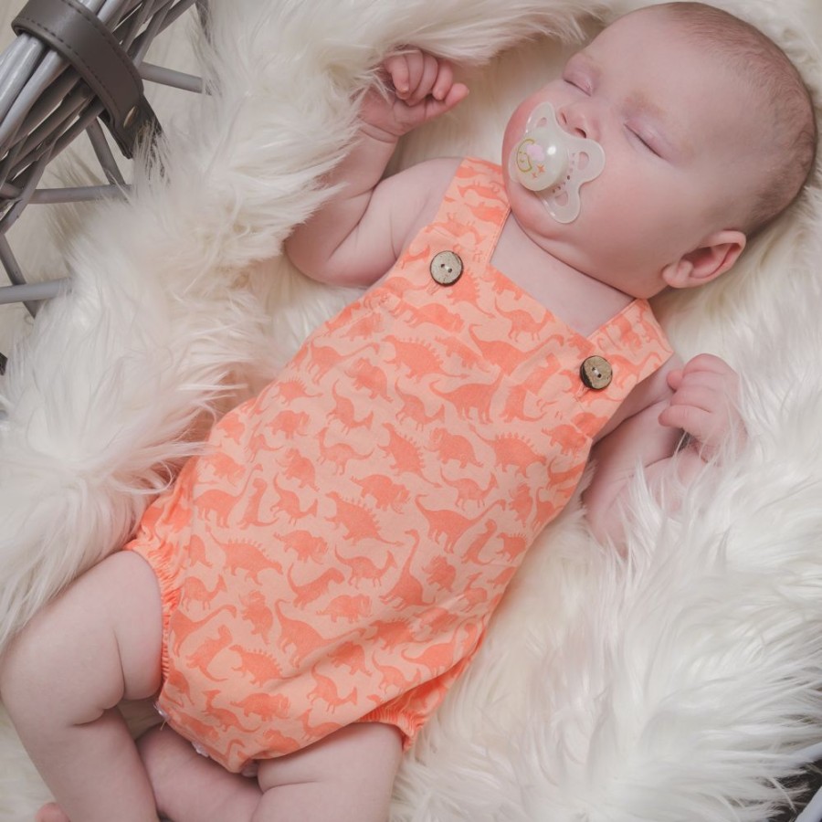 Clothing Calamaro Rompers | Unisex Coral Cotton Dino Print Romper