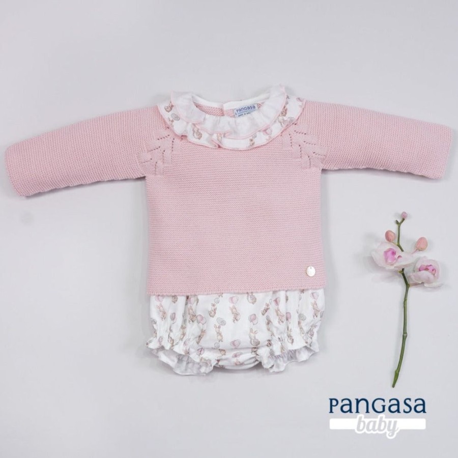 Clothing Pangasa Knitwear | Pangasa Pink Bunny Print Knitted Bloomers Set