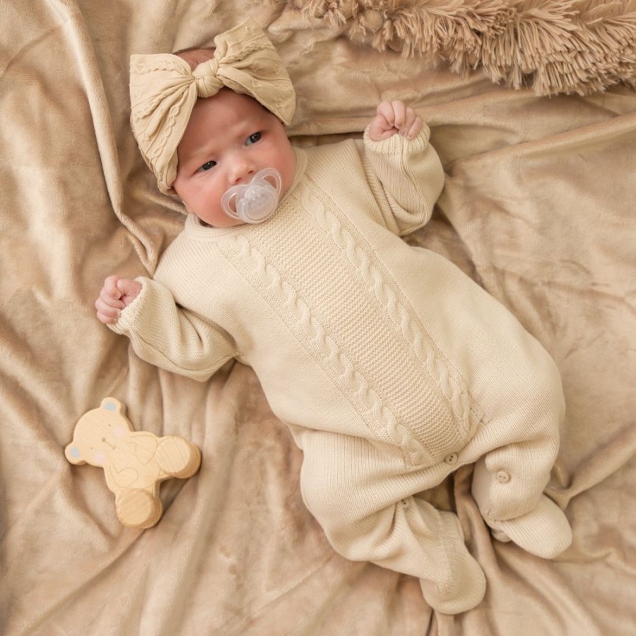 Clothing Dandelion Outfits | Unisex Cable Knitted Taupe Baby Onesie | Millie & Ralph