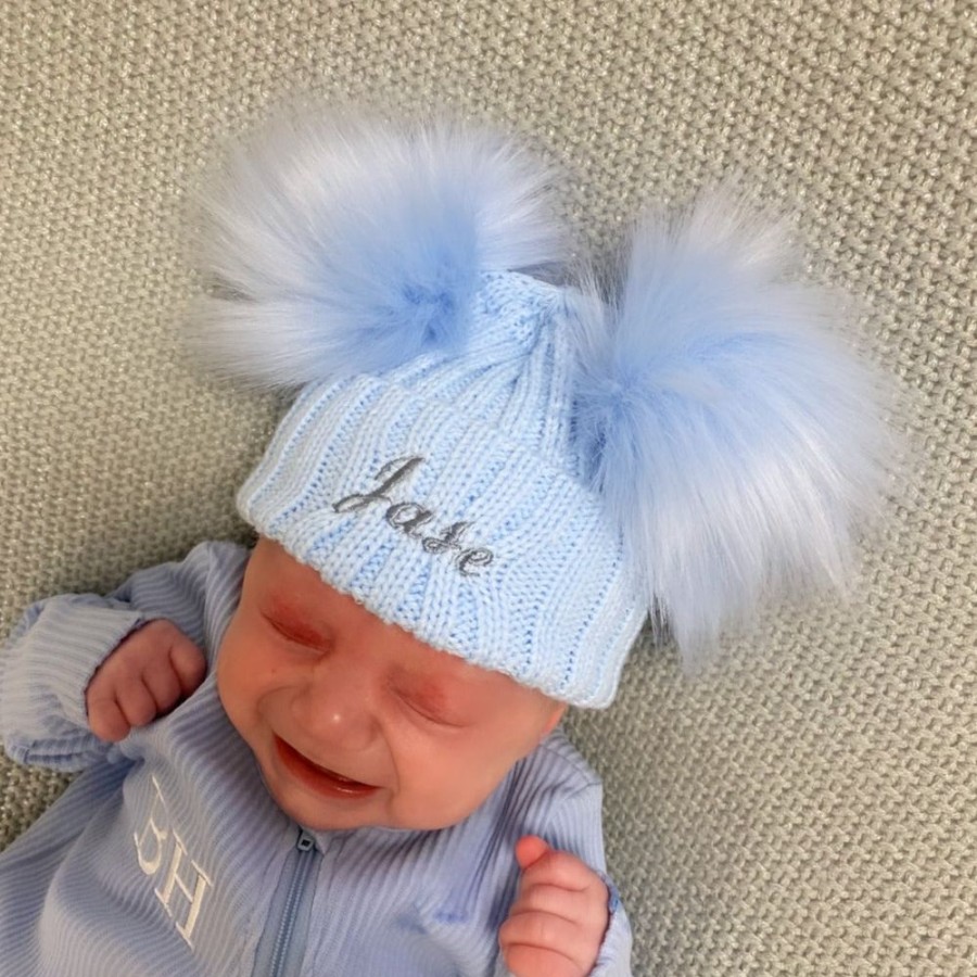 Clothing Millie & Ralph Hats | Double Pom Hat | Personalised Name Sky Blue | Millie & Ralph