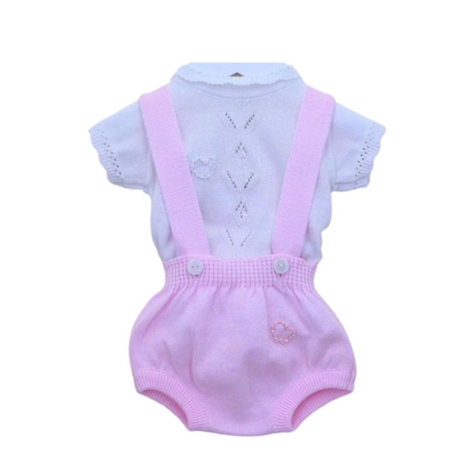 Clothing Pex Rompers | Flora White Pink Dungaree Romper Set | Millie & Ralph