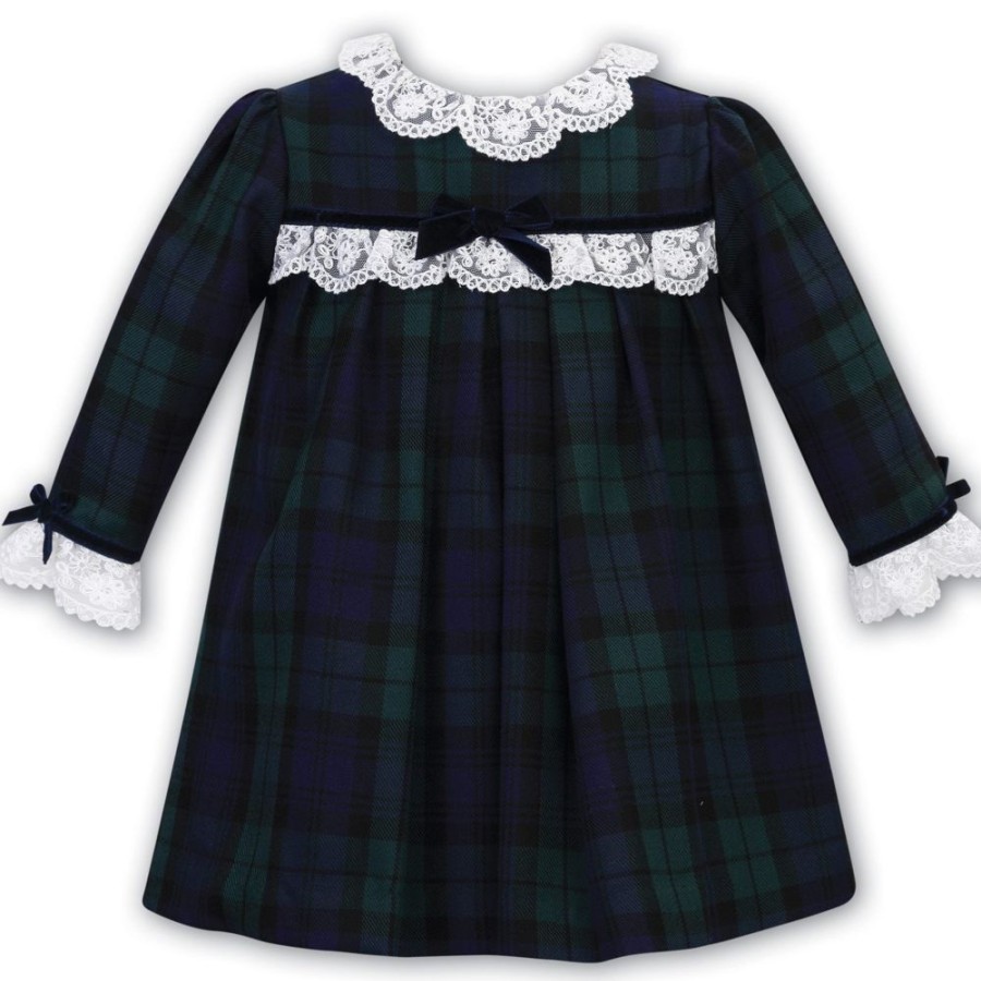 Clothing Sarah Louise Dresses | Navy Tartan Lace Frill Dress