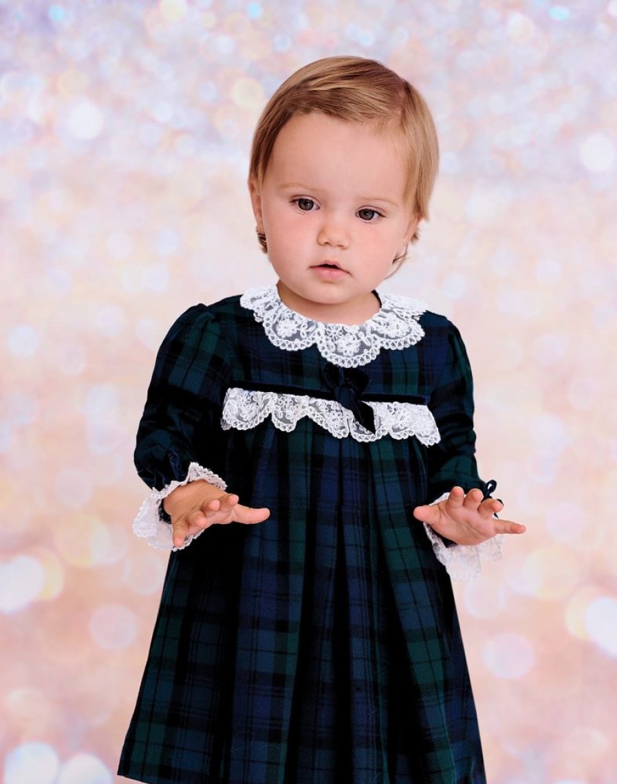 Clothing Sarah Louise Dresses | Navy Tartan Lace Frill Dress