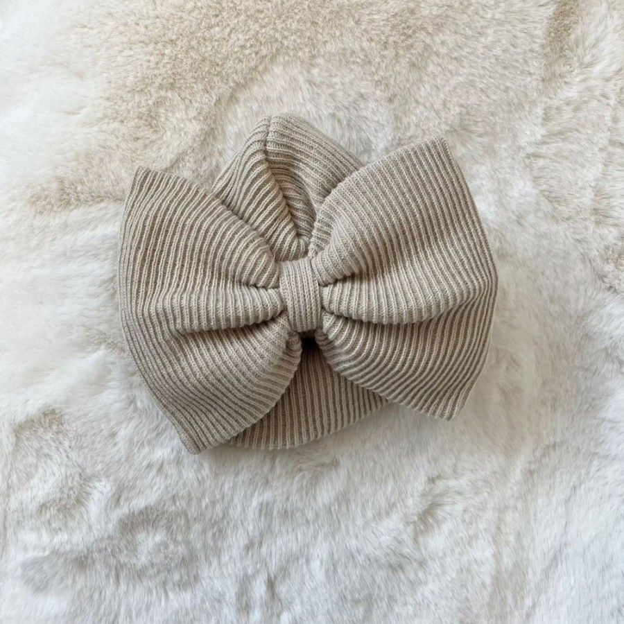 Clothing Millie & Ralph Hats | Large Bow Knitted Taupe Turban Hat