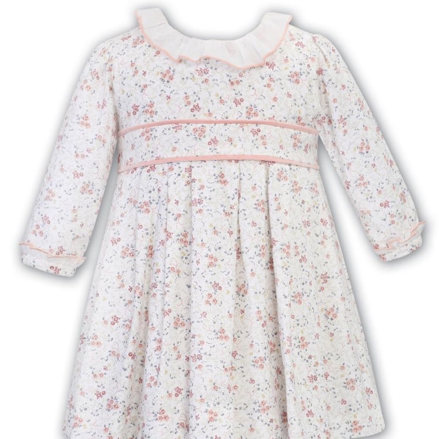 Clothing Sarah Louise Outfits | White & Pink Floral Dress With Frill Detail