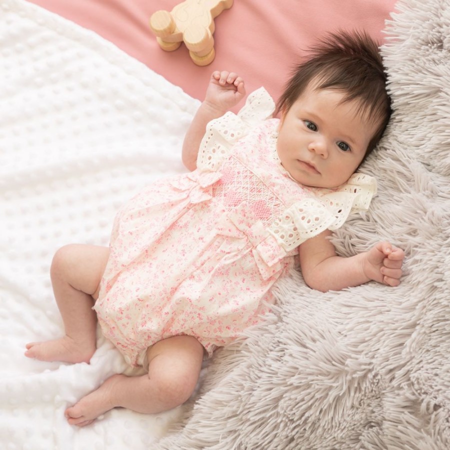 Clothing Caramelo Rompers | Pink Smocked Heart Floral Romper