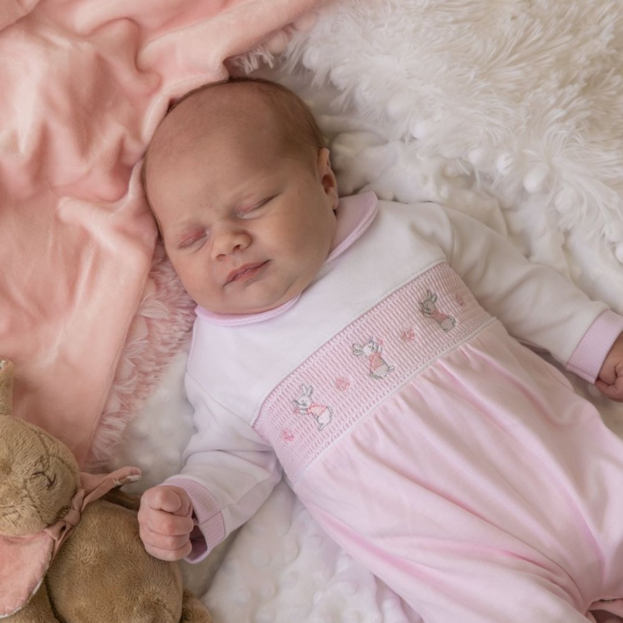 Clothing Dandelion Sleepsuits | Pink 'Bunny & Flower' Smocked Sleepsuit