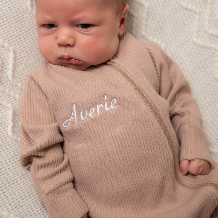 Personalised Millie & Ralph | Mocha Ribbed Sleepsuit | All In One Sleepsuit | Millie & Ralph