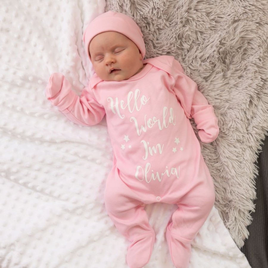 Clothing Millie & Ralph Sleepsuits | Personalised 'Hello World I'M...' Pink Sleepsuit Set | Millie & Ralph