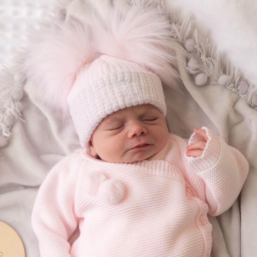 Clothing Millie & Ralph Hats | First Size Pink And Silver Ribbed Fur Double Pom Hat