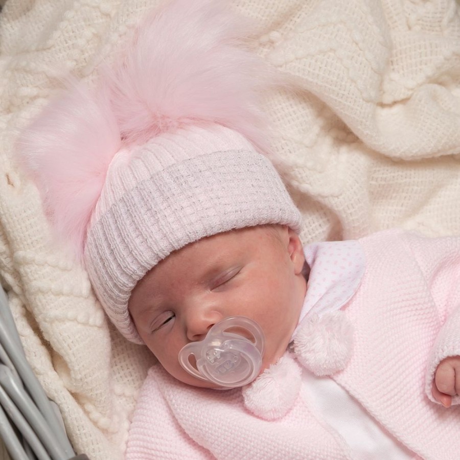 Clothing Millie & Ralph Hats | First Size Pink And Silver Ribbed Fur Double Pom Hat