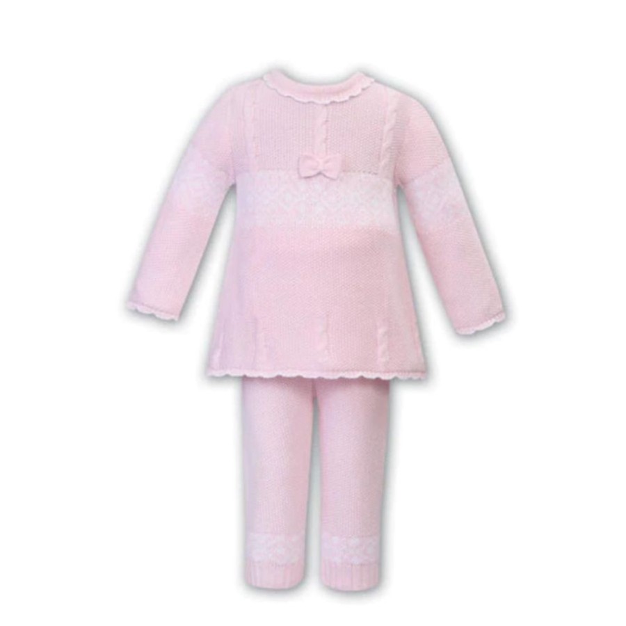 Clothing Sarah Louise Knitwear | Pink White Bow Fairisle Knitted 2 Piece Set