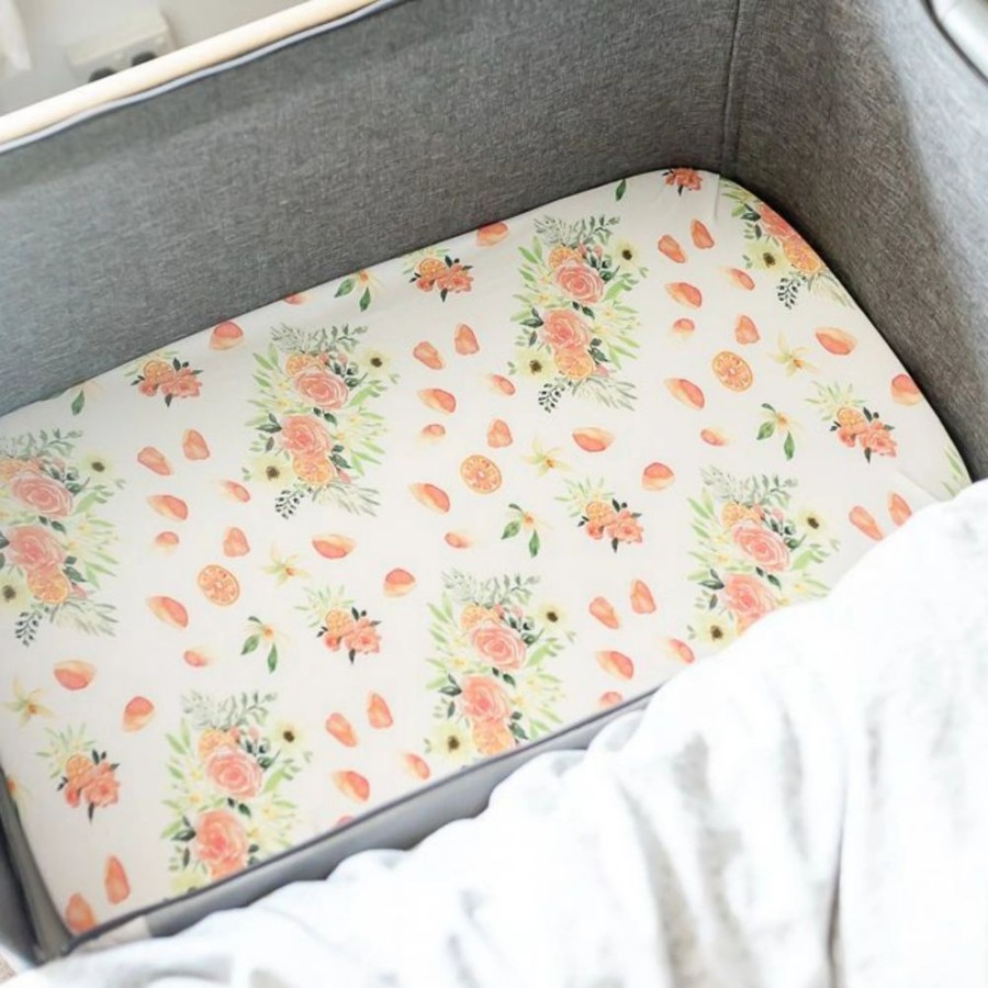 Nursery & Home Millie & Ralph Moses Baskets & Bedside Cribs | Gilded Bird Orange Bloom Bedside Crib Sheet/Changing Mat Cover