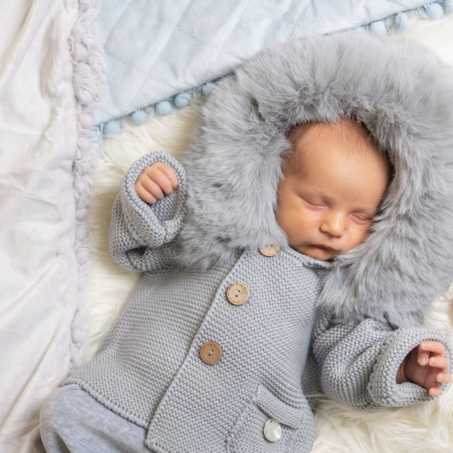 Clothing Pangasa Jackets, Coats & Pramsuits | Pangasa Grey Faux Fur Hood Knitted Jacket