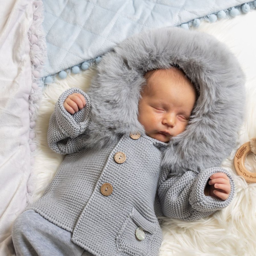 Clothing Pangasa Jackets, Coats & Pramsuits | Pangasa Grey Faux Fur Hood Knitted Jacket