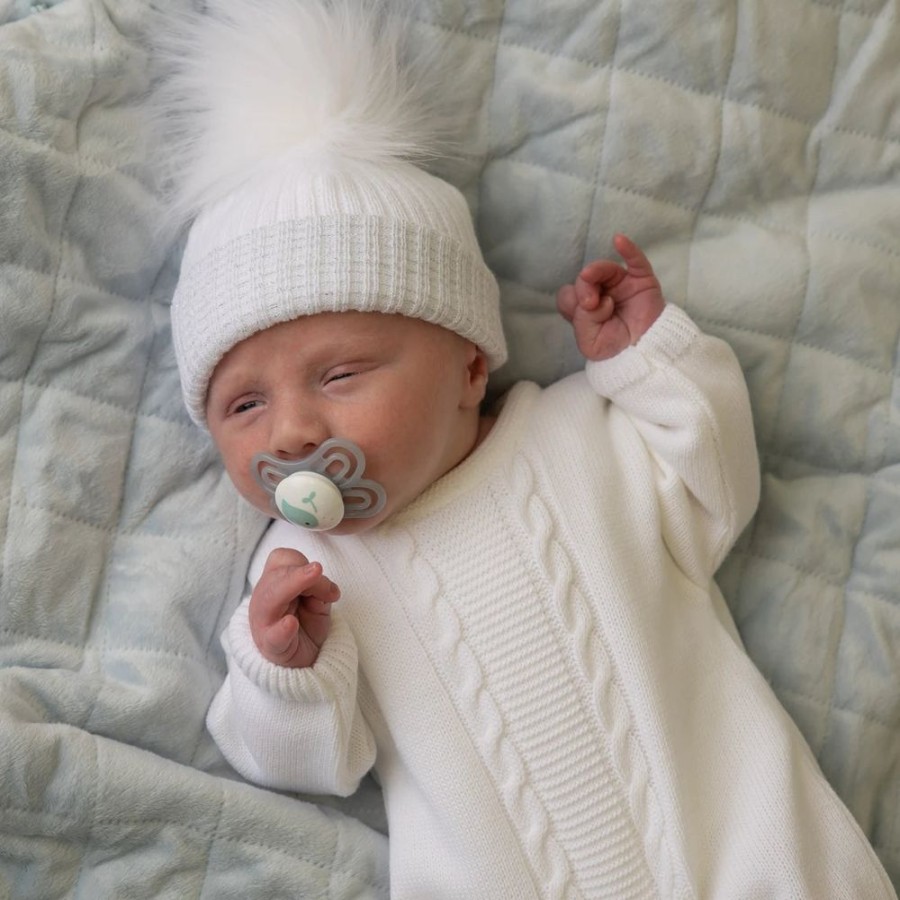 Clothing Millie & Ralph Hats | First Size White & Silver Ribbed Fur Single Pom Hat