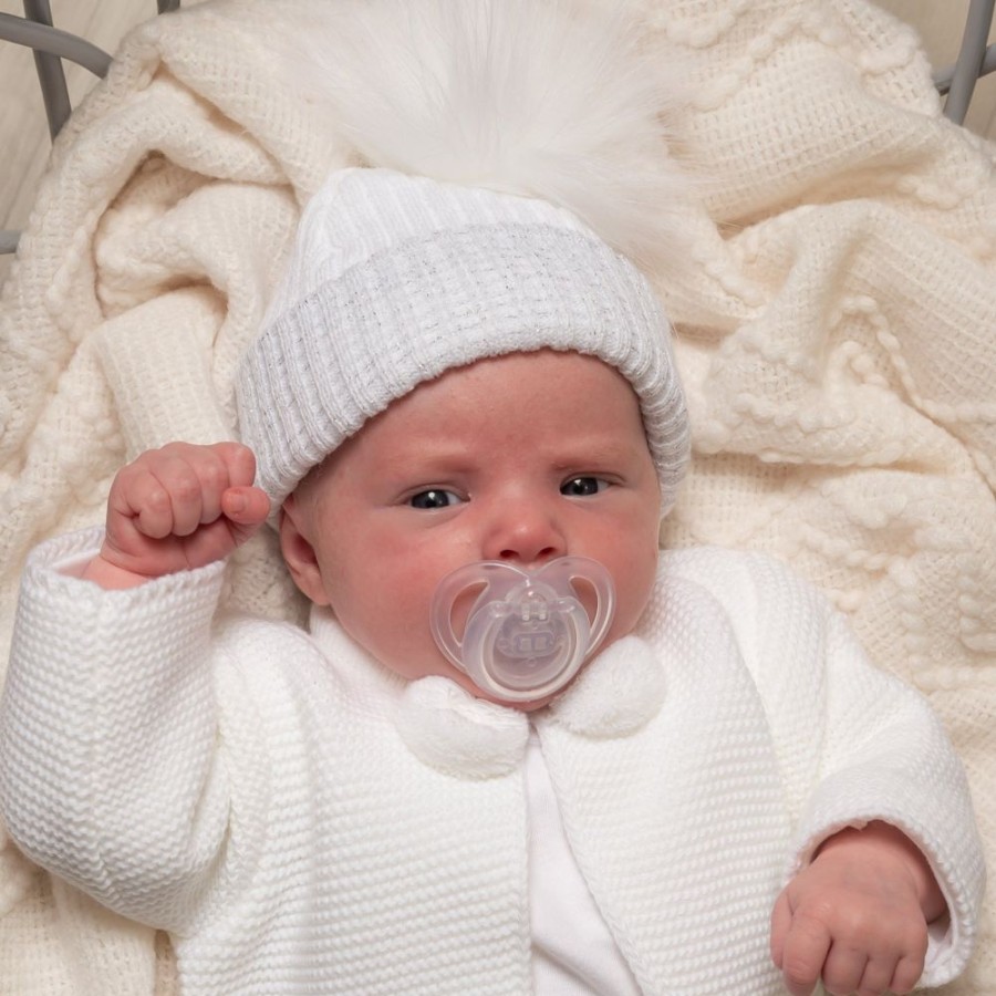 Clothing Millie & Ralph Hats | First Size White & Silver Ribbed Fur Single Pom Hat