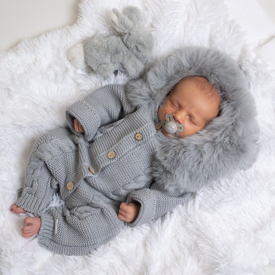 Clothing Pangasa Knitwear | Pangasa Grey Faux Fur Hood Cable Knitted Pramsuit