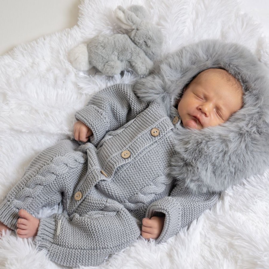 Clothing Pangasa Knitwear | Pangasa Grey Faux Fur Hood Cable Knitted Pramsuit