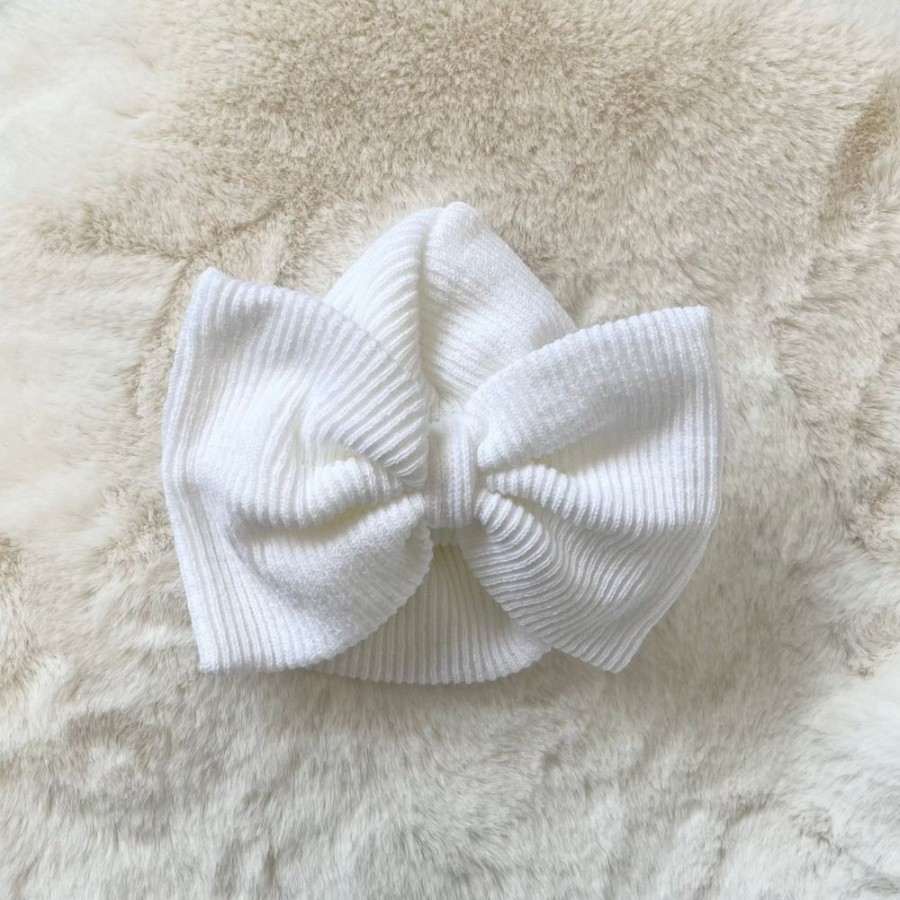 Clothing Millie & Ralph Hats | Large Bow Knitted White Turban Hat