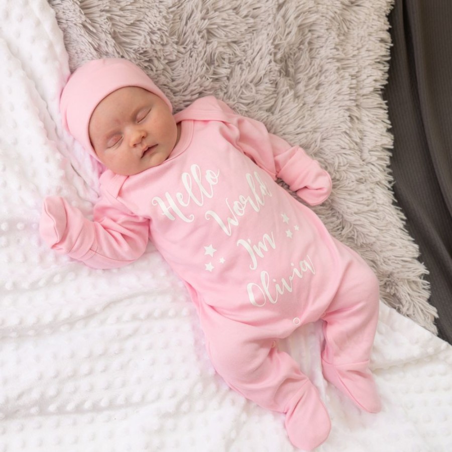 Personalised Millie & Ralph | Personalised 'Hello World I'M...' Pink Sleepsuit Set | Millie & Ralph