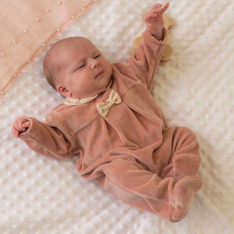 Clothing Millie & Ralph Sleepsuits | Dusky Pink Velour Sleepsuit With Bow