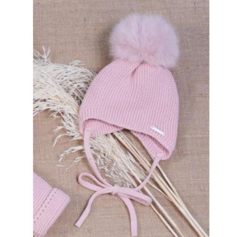 Clothing Pangasa Knitwear | Pangasa Pink Knitted Fur Pom Tie Hat